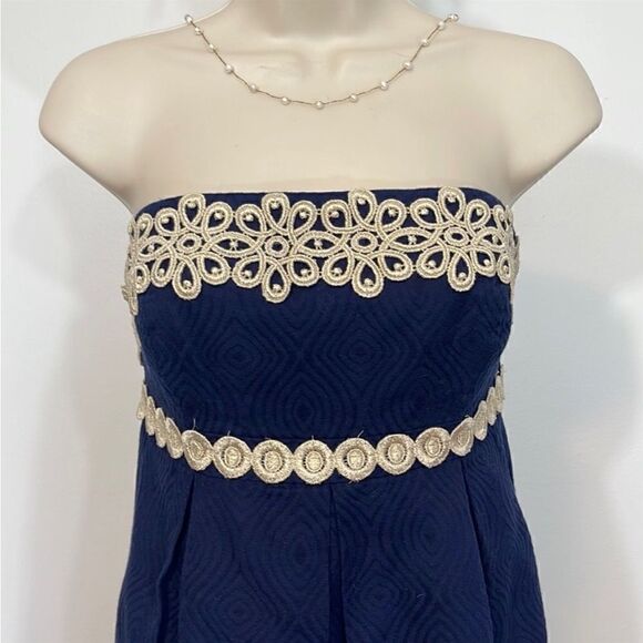 Lilly Pulitzer Betsey Navy and Gold Jacquard Strapless Dress Size 2 - Picture 3 of 16
